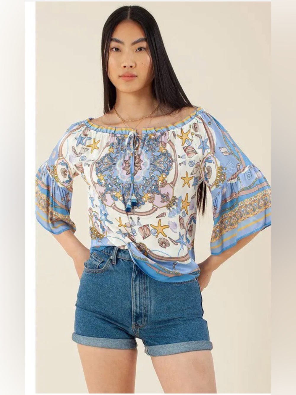 Hale Bob Off-Shoulder Shell & Starfish Print Top in Pink, Yellow & Cream